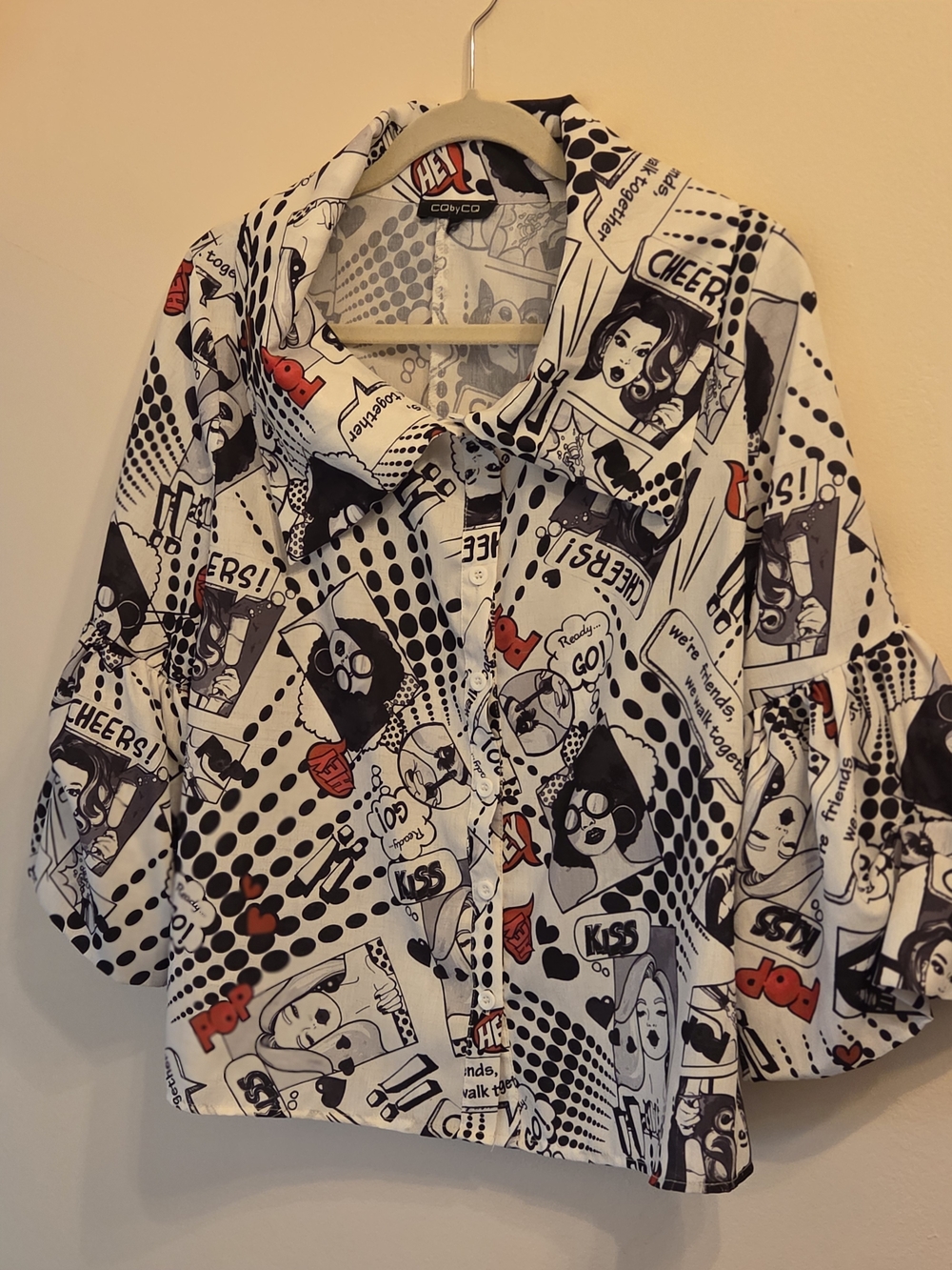 CQ by CQ Graphic Pop Art Black & White & Red "comic"Blouse, flared sleeve